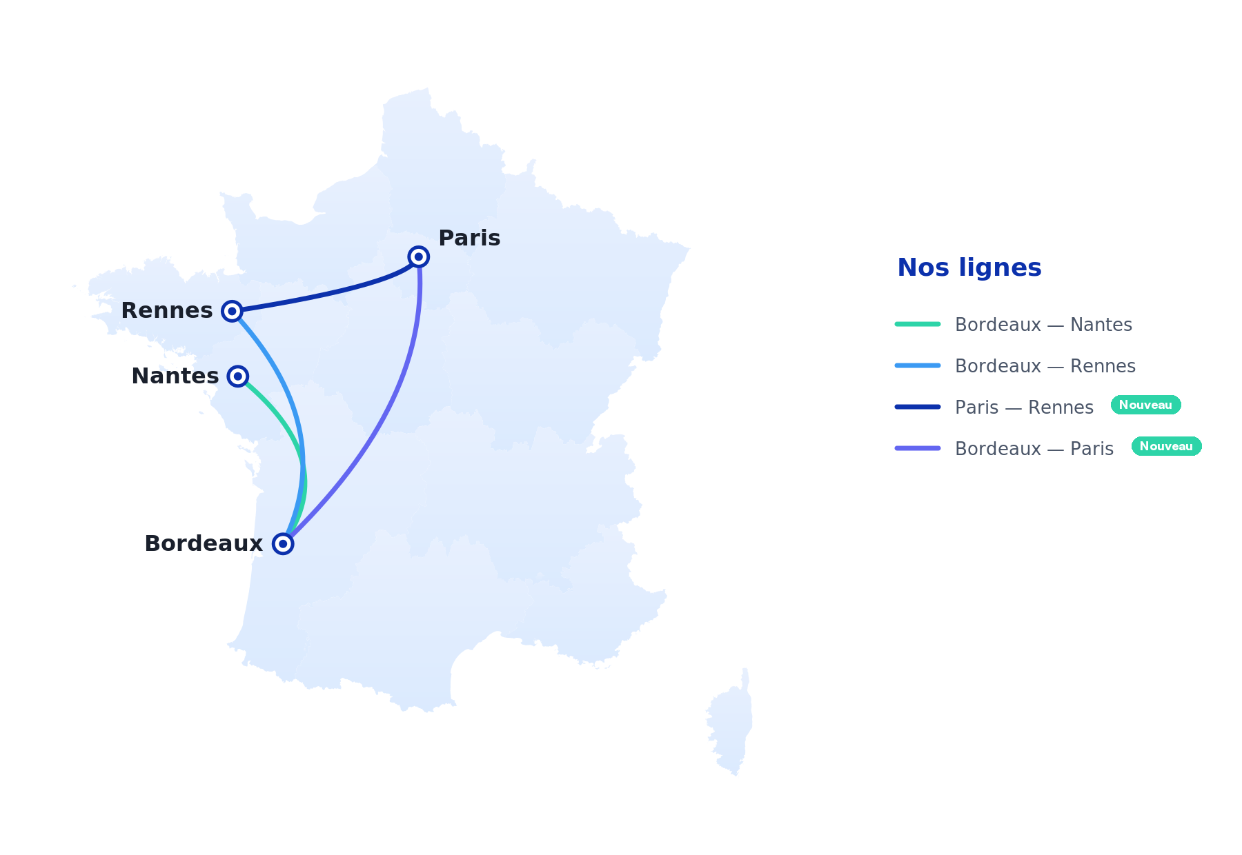Carte du réseau LE TRAIN : 4 lignes directes entre Bordeaux, Nantes, Rennes et Paris